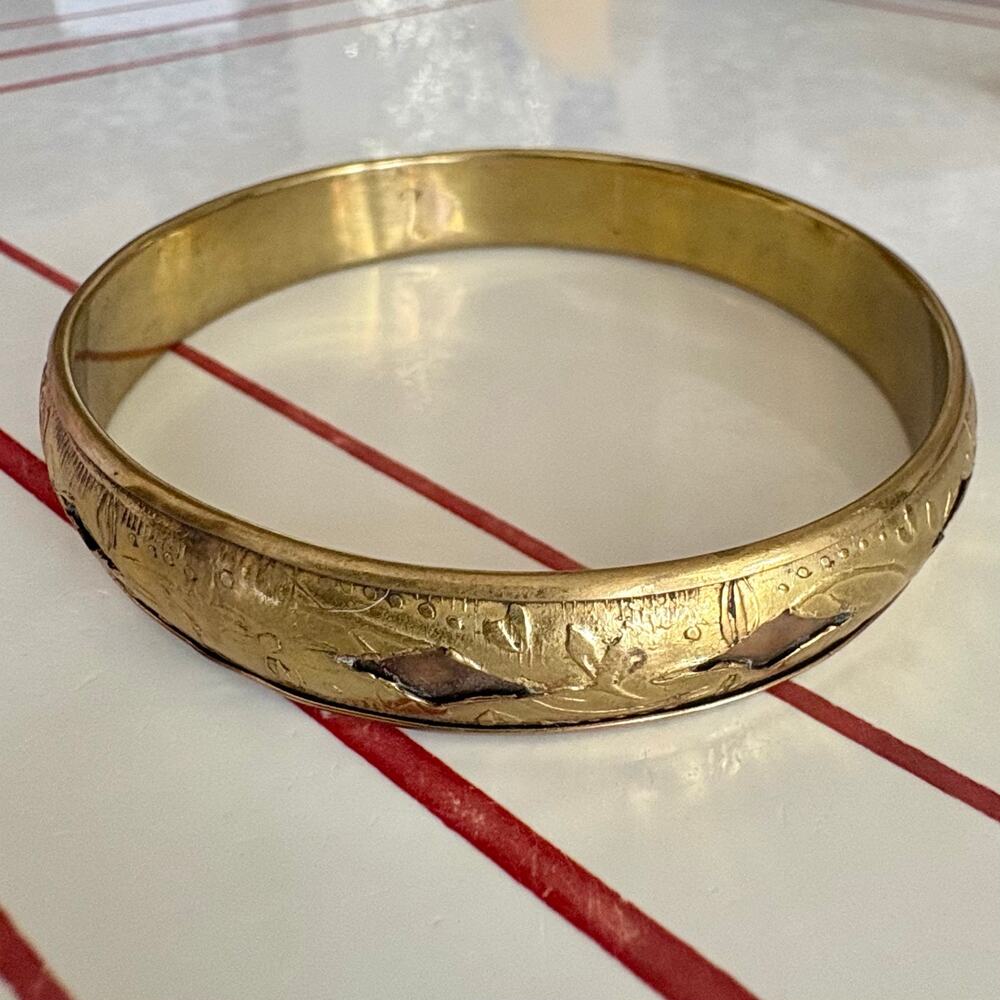 Vintage Etched Brass and Copper Bangle Bracelet, Cutout Design